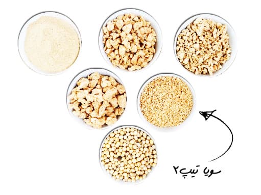 The five Soyno textured soy protein grades in bowls, with Soy Type 2 (fine, sesame-size) marked