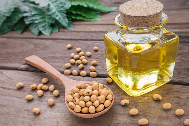 روغن سویا در شیشه کنار دانههای سویا