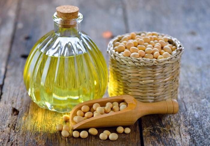 بطری روغن سویا کنار سبد دانه‌های سویا
